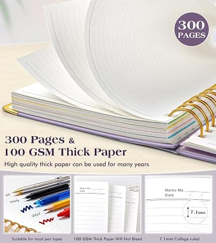 Spiral Notebook Journal with Removable Dividers Tabs, 300 Pages Hardcover Leather 5 Subject College Ruled Notebook, 8"x10" Large B5 Lined Journal for Women Men, Spiral Notebooks for Work School,Purple thumbnail 5