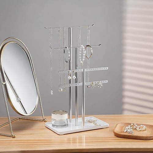 pickpiff Silver Jewelry Stand Holder Organizer: 14.5" Sturdy Hanger for 80 Pcs Jewelry, Jewlery Tower for Display Necklace, Earring, Bracelet, Watch thumbnail 2