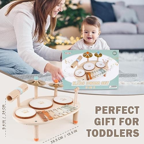 Drum Set for Toddler - Toys for 2 3 4 Year Old Girls Boy Gifts - 9 in 1 Wooden Montessori Musical Instruments with Xylophone for Kids 3-5, Christmas Birthday Gifts for Toddlers 2-4 thumbnail 5