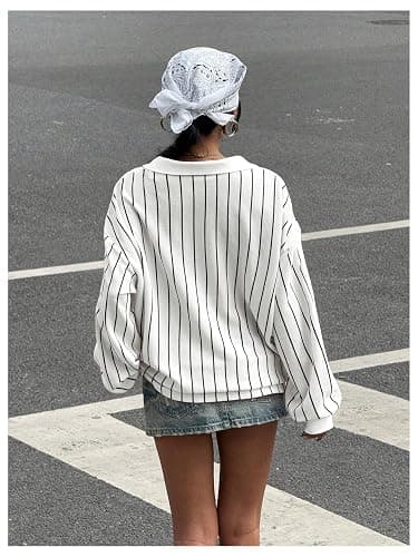 SOLY HUX Women's Oversized Tees Striped Letter Print Y2k Jersey T Shirt Collar V Neck Long Sleeve Loose Tops thumbnail 2