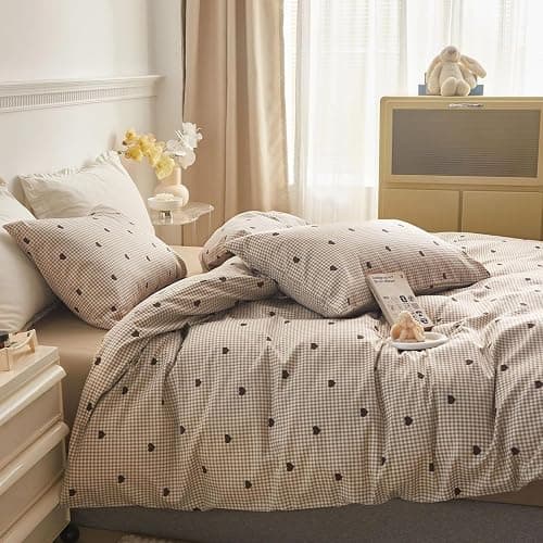 Freyamy Housse de Couette 200x200cm+2 Taie d'oreiller 65x65cm Coeur Plaid Kaki Marron Parure de lit 2 Personnes Adulte Motif du Cœur Sets de Housse Couette en Microfibre avec Fermeture Éclair thumbnail 4