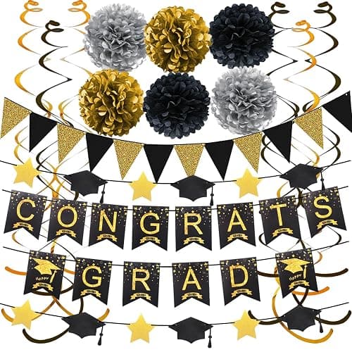 Graduation Decorations for 2026, Congrats Grad Banner and Star Cap Garland, Pennant Banner, Black and Gold Tissue Paper Pompoms, Hanging Swirls, for Graduation Party Decorations - Image 1