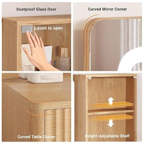BTHFST Fluted Vanity Desk with Large Mirror,Lights,Charging Station, Oak | 47.4" Large Makeup Vanity with 7 Drawers, Glass Cabinet, Storage Shelves, Wood Vanity Table for Women, Girls thumbnail 7