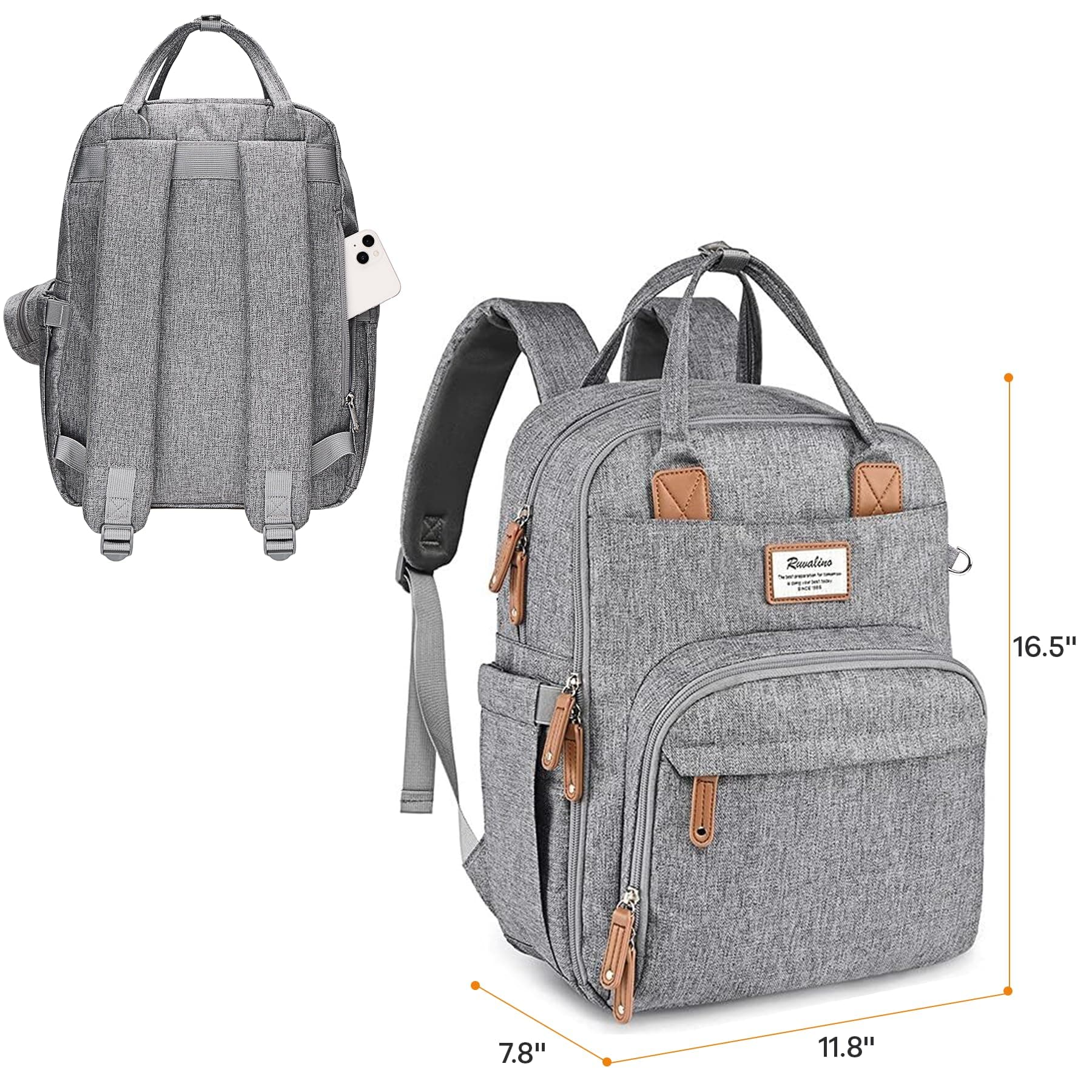 Ruvalino Diaper Bag Backpack, Baby Diaper Bag Backpack with Changing Mat for Mom and Dad (Grey) thumbnail 4