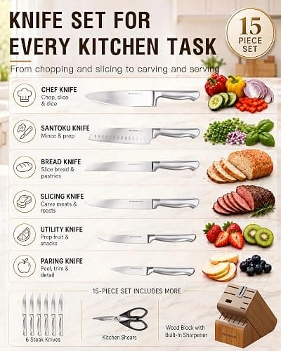 Astercook Knife Set, 15 Piece German Steel Kitchen Knife Set with Built-in Sharpener, One-Piece Knife Block Set Rust-Resistant Dishwasher Safe Block Knives Set for Cooking & Gift (Walnut Brown) thumbnail 5