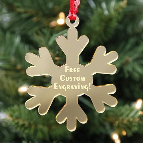 LHS Engraving - Personalized Snowflake Christmas Ornaments for 2024 | Custom Engraved Xmas Decorations for Tree, Mirrored Gold Acrylic, Shatter Resistant 1/8in Thick - Mirrored Acrylic - Gold - Snowflake thumbnail 2