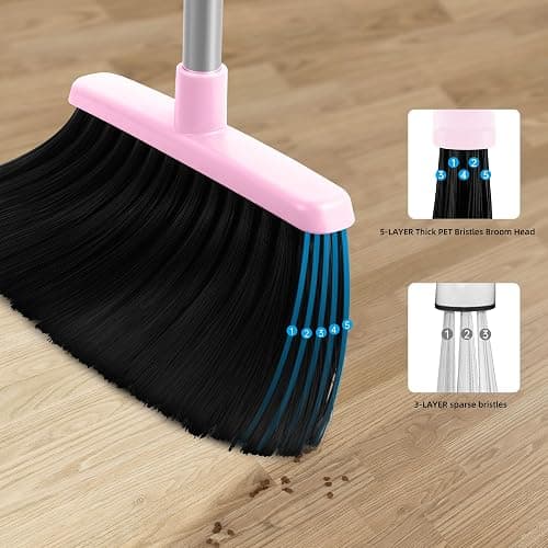 BSKLIN Broom and Dustpan Set, Outdoor Broom with Dustpan Combo Set for Sweeping Indoor Collapsible Broom Set for Home Office Kitchen Lobby Floor Pet Hair (Pink) - Small-pink thumbnail 5