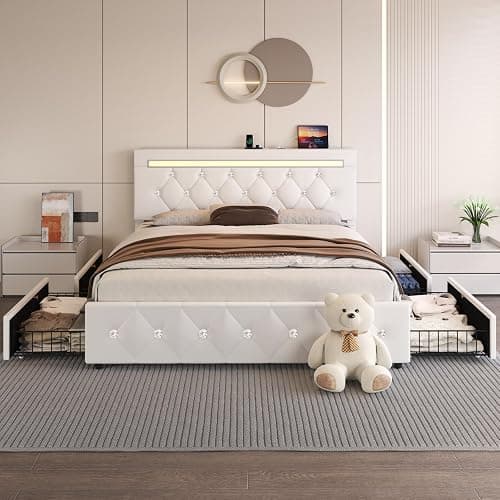 Queen Size Bed Frame with 4 Storage Drawers and LED Light, Upholstered Platform Storage Bed with Adjustable Headboard and Charging Station, Metal Slats Support, No Box Spring Needed, No Noise, White thumbnail 3