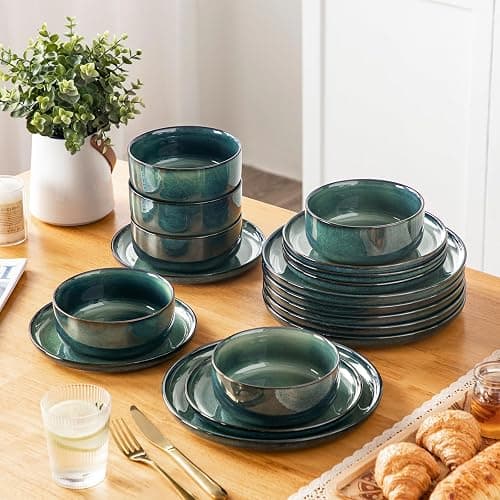 vancasso Starry 18 Pieces Dinnerware Sets for 6, Green Reactive Glaze Dishes Sets, Ceramic Plates and Bowls Set, Dinner Salad Dessert Plates, and Cereal Bowls Set, Dishwasher and Microwave Safe thumbnail 8