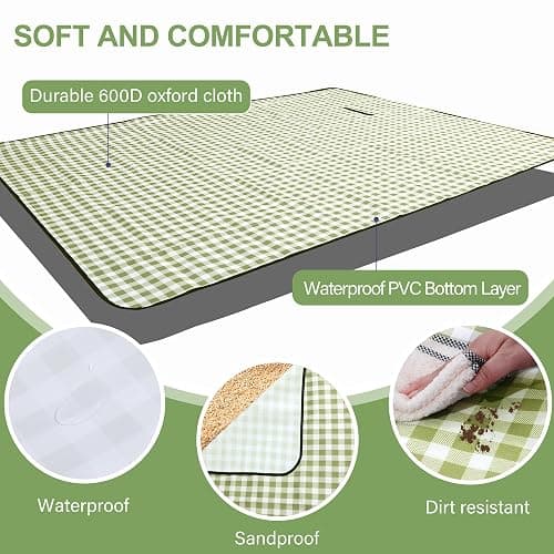 Outdoor Picnic Blanket 80"X80" Picnic Mat Extra Large Camping Blanket Beach Blanket Foldable Waterproof Sand Mat Hiking Travel Family Concerts(Green) thumbnail 4