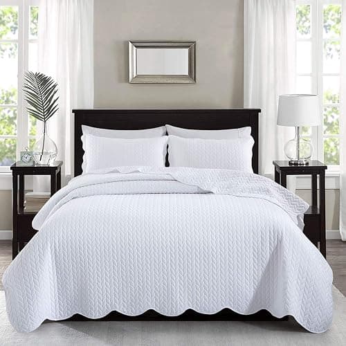 MOONLIGHT20015 Twin Quilt Set (66" x 86") with 1 Pillow Sham (20" x 26"+2") for All Season - 2 Pcs Reversible Bedding Set Lightweight Microfiber Coverlet Embossed Pattern Quilted Bedspread (White) thumbnail 2