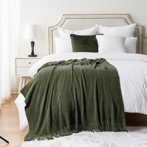 BATTILO HOME Olive Green Throw Blanket for Couch, Soft Chenille Knit Throws with Tassels for Home Decor, Green Blankets and Throws for Bed Couch Cover, 60"x80" thumbnail 4
