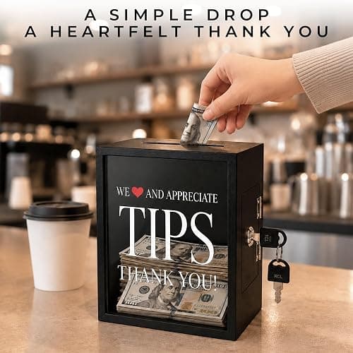 Tips Jar with Lock and Key for Restaurants Bartender Musicians — Wooden Tip Box 6x4¾x7¾ Inch, Money Coin Cash Collection Container for Bars Drivers Donation Raffle thumbnail 4