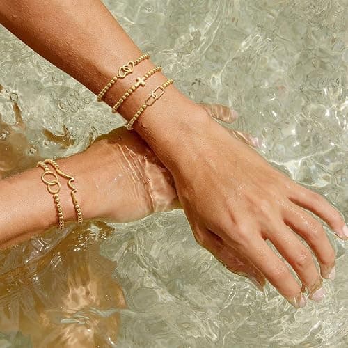 Lisitine Gold Bracelets for Women 14K Gold Beaded Bracelets Stackable Bracelets for Women Gold Charm Bracelet Non Tarnish Gold Jewelry for Women Trendy thumbnail 6