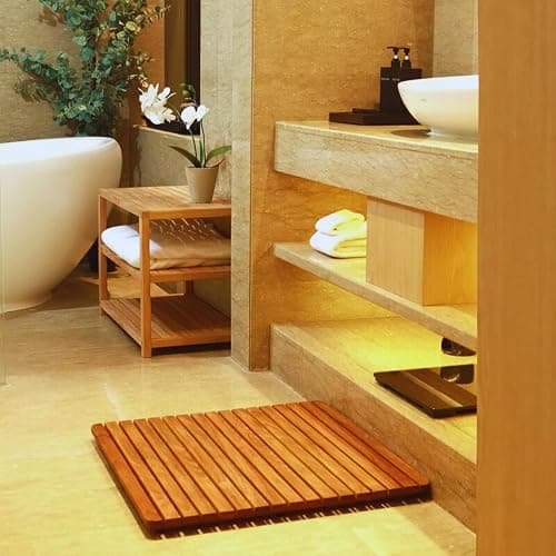 Nordic Style Premium Teak Shower + Bath Mat for Indoor + Outdoor Use | Non-Slip Wooden Platform for Spa, Sauna, Shower, Pool, Bath, Hot Tub | Flooring Decor and Protector (Oiled Finish, 19.6" x 19.6") thumbnail 2