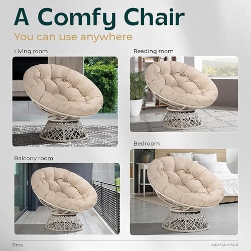 Bme 40" Ergonomic Wicker Papasan Chair with Soft Thick Density Fabric Cushion, High Capacity Steel Frame, 360 Degree Swivel for Living, Bedroom, Reading Room, Lounge - Sephia Sand - White Base - Upgrade Cushion - Classic 40" thumbnail 6