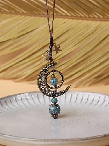 MINACHI Vintage Bohemian Hippie Ceramic Beads Crescent Moon Lariat Necklace, Boho Hippie Statement Jewelry Gift for Women thumbnail 4