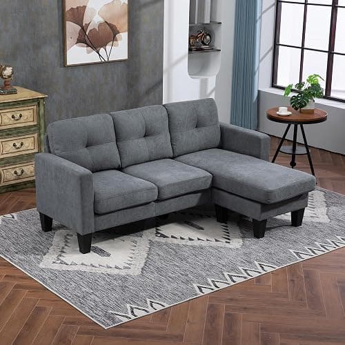 HOMCOM Ecksofa mit Umkehrbarer Chaiselongue Leinenoptik Dunkelgrau | Eck-Couch, Sofa in L-Form, Gepolstert, mit Federkern, Stahlrahmen, 186 x 130 x 84 cm thumbnail 2
