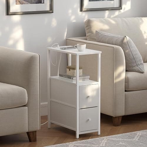 TUTOTAK Small Narrow End Table with Charging Station, Set of 2, Side Table with Outlets, Nightstand with 2 Cloth Drawers, Couch Table, for Living Room, Bedroom, Bedside, White TB01BW055 thumbnail 6