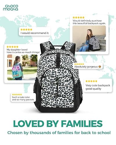 Choco Mocha Snow Leopard Backpack for Teen Girls, Travel School Backpack for Girls Middle School Large Bookbag 18 Inch, Black thumbnail 5