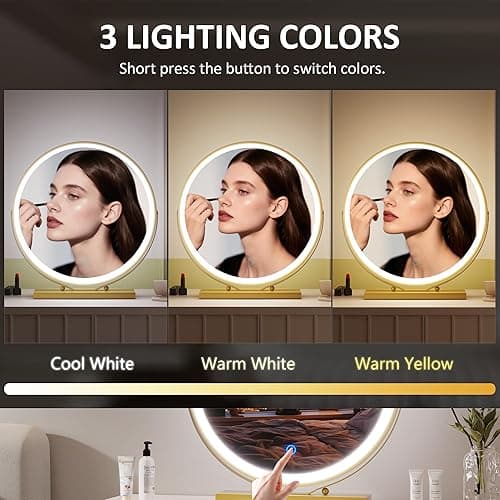 ZKIODV Vanity Mirror with Lights, Round LED Makeup Mirror, 20” Large Desk Mirror with 3 Color Modes & Adjustable Brightness, 360°Rotation, Circle Light Up Cosmetic Mirror for Dresser Tabletop (Gold) - Round Gold thumbnail 3