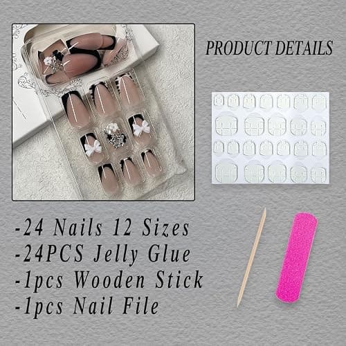 ROFIBUT French Tip Press on Nails Short Square Fake Nails with Bow Charms Designs Black White Zebra Print False Nails Cute Small Flowers Silver Star Nail Rhinestones Stick on Nails for Women 24Pcs thumbnail 2