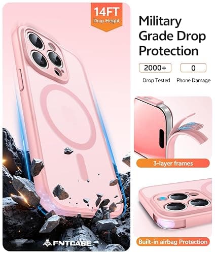 FNTCASE for iPhone 14 Pro Case: [Compatible with Magsafe] Translucent Matte Cases with [Full Camera Protection] [Screen Protector] Military Grade Shockproof Protective Phone Cover - Light Pink thumbnail 5