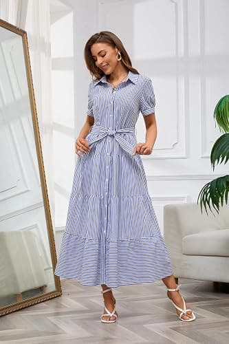 utcoco Womens Casual Short Sleeve Button Down Tie Waist Ruffled Striped Maxi Shirt Dress thumbnail 3