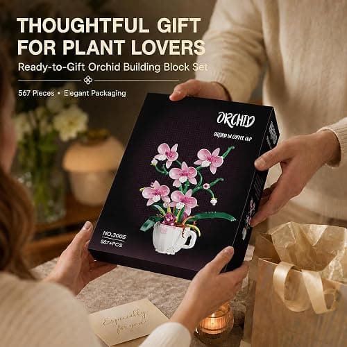 LQPFBSM Pink Orchid Flower Botanical Building Block Set 567 Pcs | Bouquet in Coffee Cup Model Kit Elegant Home Office Desk Decor Creative Plant Craft Gift for Women Adults thumbnail 8