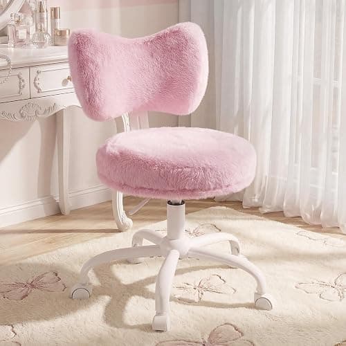 Homkdom Vanity Chair with Wheels, Pink Desk Chair with Cute Bow Backrest, Fluffy Faux Rabbit Fur Small Office Chair for Vanity, Make-up Room, Bedroom, Dorm, Small Space, Height Adjustable, Pink - Image 1