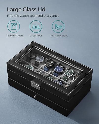 SONGMICS Watch Box, 12-Slot Watch Case Organizer with Large Glass Lid, 2 Layers, Removable Pillows, Metal Lock, Gift for Loved Ones, Black Synthetic Leather, Christmas Gift, Gray Lining UJWB012 thumbnail 6