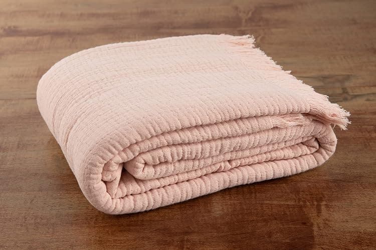 Sticky Toffee Blush Pink Muslin Throw Blanket with Fringe, Oeko-Tex Cotton Muslin Blankets for Adults, Soft Lightweight and Breathable for Couch Bed or Sofa, 50 in x 60 in - Muslin Blush Pink thumbnail 8