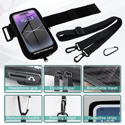 Phone Holder for Running, Running Armband Phone Holder with Carabiner, Phone Armbands for iPhone 17 16 15 14 13 12 11Pro Max & Galaxy S25/S24/S23, Cell Phone Armband Up to 6.8'' Phone (Black) thumbnail 4