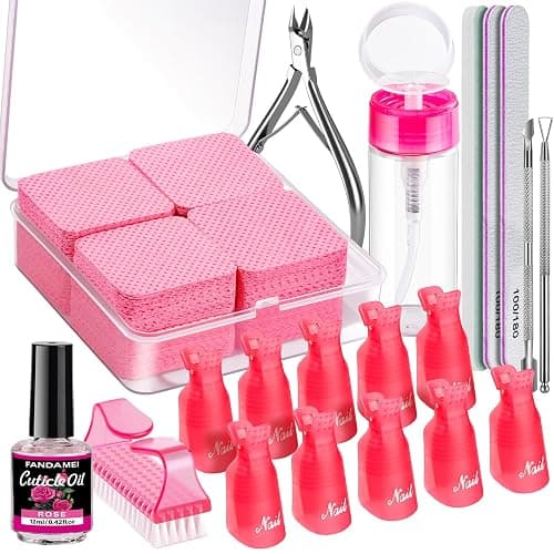 FANDAMEI Gel Nail Polish Remover Tools Kit with Nail Soak Off Clips, Lint Free Nail Wipes, Polish Remover Bottle, Cuticle Nippers, Pusher, Peeler. Cuticle Oil. Nail Files and Buffers, Nail Removal Kit - Image 1