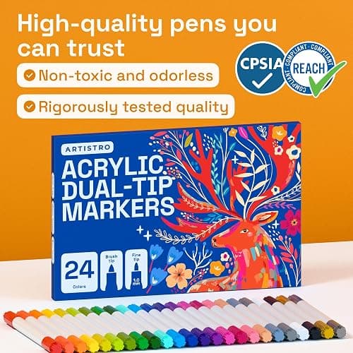 ARTISTRO 24 Acrylic Paint Markers - Paint Pens for Drawing, Brush + Fine Tips - For Fabric, Rock, Glass, Wood, DIY - Art & Craft Supplies for Adults, Teens, Kids - Teacher Appreciation Gift thumbnail 8