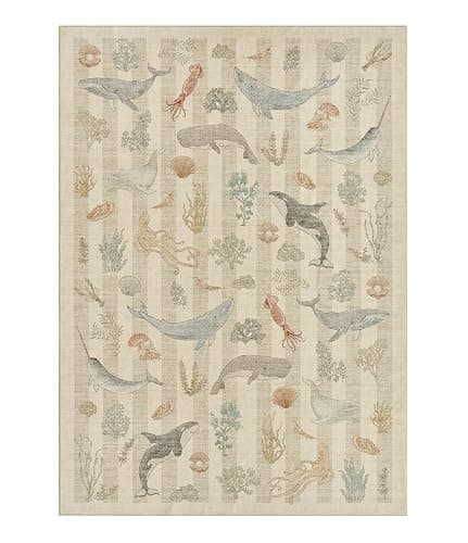 Weaverlane Whales Coastal Washable Nursery Rug Beige (Taupe, 5' x 7') | Soft Faux Wool Stain Resistant Rug Non-Slip Backing for Playroom Bathroom Living Room Bedside Beachy Cute Nautical Neutral - Image 1