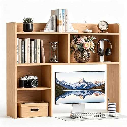 JupiterForce Desktop Bookshelf, Wooden Desktop Hutch Desk Shelf Storage Rack for Home Office, Study, Dorm Room, Multi-Compartment Desktop Organizer (Natural, 4 Shelves) - Image 1