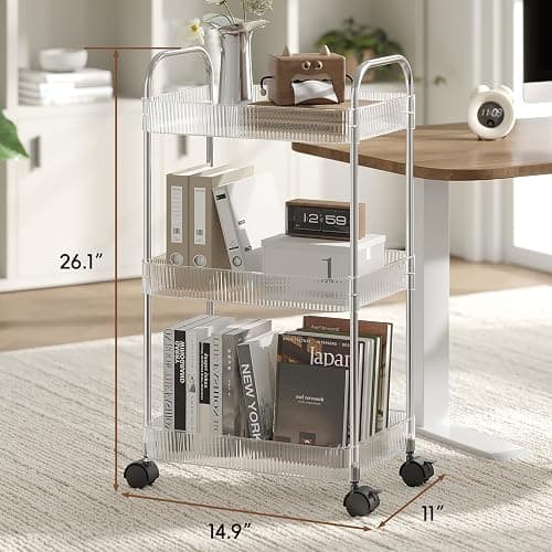 STARLATTA 3 Tier Rolling Cart with Lockable Wheels, Clear Acrylic Utility Trolley with Handle, Heavy-Duty Storage Organizer for Kitchen Bathroom Nursery Laundry - Snack Book Craft Organizer (Clear) thumbnail 2