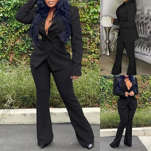 Women's Long Sleeves Blazer & Trouser-Suit - Slim Fit Jacket & Pants - Lapel Buttons - Elegant Office Formal Business Suit Set - UK Size thumbnail 2