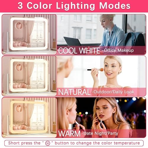 ROLOVE Large Vanity Mirror with Lights, 22"x17" Lighted Makeup Mirror for Desk, 3 Color Dimmable LED Lights, Smart Touch Control & 360° Rotation Tabletop Dresser Mirror (White) thumbnail 3