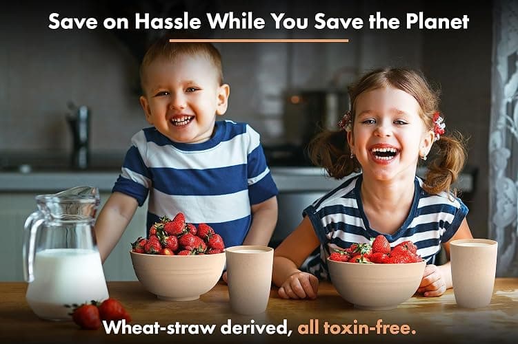 FOODLE Wheat Straw Dinnerware Set - BPA Free & Safety Tested - Unbreakable, Microwave & Dishwasher Safe Dishes - Picnic, RV, Dorm, Camping Plates Cups and Bowls - Great for Kids & Adults - For 4 thumbnail 6