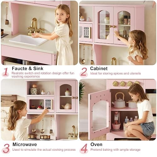 knoworld Play Kitchen for Kids, Wooden Toy Kitchen Set with Smart Storage & Accessories, Toddler Kitchen Playset with Stove & Oven, Pretend Play Set, Gift for Ages 3+, Pink thumbnail 5