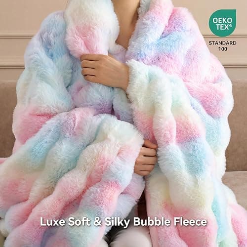Smoofy Faux Rabbit Fur Throw for Couch - Rainbow Bubble Blanket 50"x60" | Fluffy Plush Fuzzy Colorful Throw for Sofa & Bed, Super Soft Cozy Comfort Blanket, Luxury Rainbow Decor Gift for Women thumbnail 4