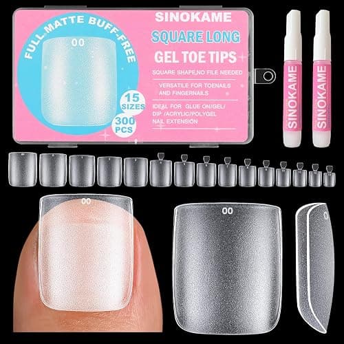 300Pcs Square Toe Nail Tips with Glue,SINOKAME 15 Sizes Wider Long Fake Toenails Matte No File Needed,Clear Press on Toenails Full Cover,Paintable Toe Extension Tips Soak off Home DIY - Image 1