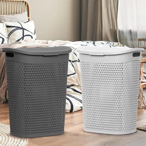 60L Laundry Basket with Lid - Large Plastic Washing Basket with Handles - Heavy-Duty Rattan Laundry Bin Hamper Clothes Storage Organiser for Bedroom & Bathroom - Grey, 60 Litre thumbnail 5