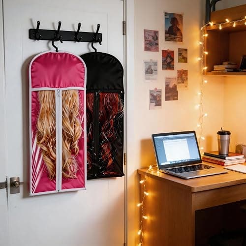 Nenkarn 16Pcs Wig Storage Bags with Hanger, 2 Sizes (23.6"/31.4") Dust-proof & Water-resistant Hair Extension Organizer, Clear Window Hanging Wig Holders for Multiple Wigs, Black & Pink thumbnail 7