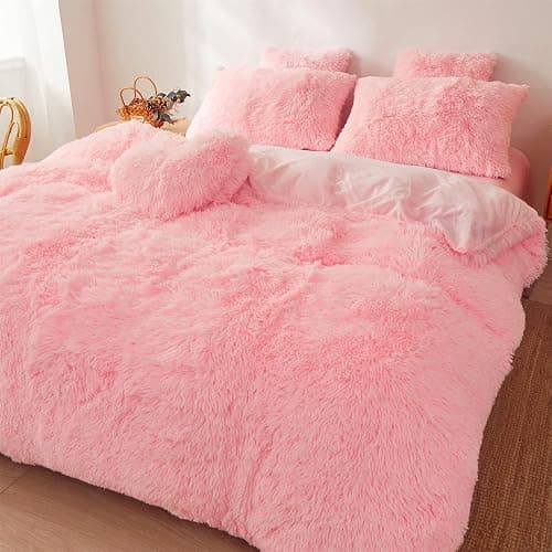 Fluffy Faux Fur Pink Comforter Cover Set Queen - Ultra Soft Plush Pink Bedding Sets 3 Pieces (1 Fluffy Duvet Cover + 2 Faux Fur Pillow case) Cute Bed Set (Light Pink, Queen) thumbnail 3