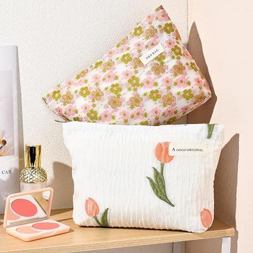 SOIDRAM 2 Pieces Flower Makeup Bag Large Floral Cosmetic Bag Capacity Canvas Travel Toiletry Bag Organizer Cute Makeup Brushes Aesthetic Accessories Storage Bag for Women, Embossed flower L White Pink thumbnail 6