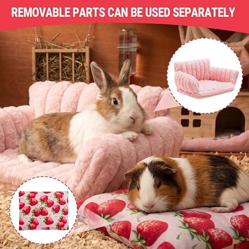 KAYCOWZA Guinea Pig Bed, Washable Fleece Pink Small Pet Cage Accessories | Strawberry Cozy Small Animal Sofa Couch for Guinea Pig, Bunny, Chinchilla, Hamster, Ferret, Hedgehog thumbnail 4