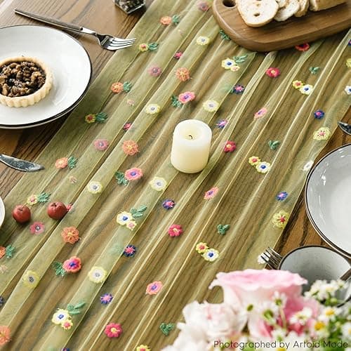 Artoid Mode Green Embroidery Daisy Gauze Table Runner 120 Inch 10FT, Seasonal Sheer Kitchen Dining Holiday Wedding Birthday Table Decor for Home Party - 28" x 120" - Green thumbnail 6